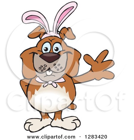 Clipart of a Friendly Waving Bulldog Wearing Easter Bunny Ears - Royalty Free Vector Illustration by Dennis Holmes Designs