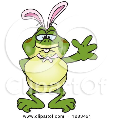 Clipart of a Friendly Waving Bullfrog Wearing Easter Bunny Ears - Royalty Free Vector Illustration by Dennis Holmes Designs