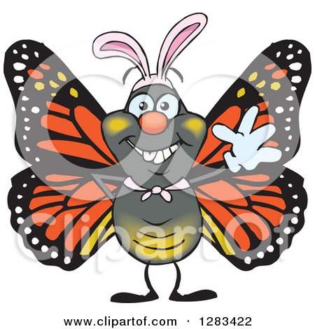 Clipart of a Friendly Waving Monarch Butterfly Wearing Easter Bunny Ears - Royalty Free Vector Illustration by Dennis Holmes Designs