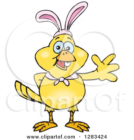 Clipart of a Friendly Waving Yellow Canary Bird Wearing Easter Bunny Ears - Royalty Free Vector Illustration by Dennis Holmes Designs