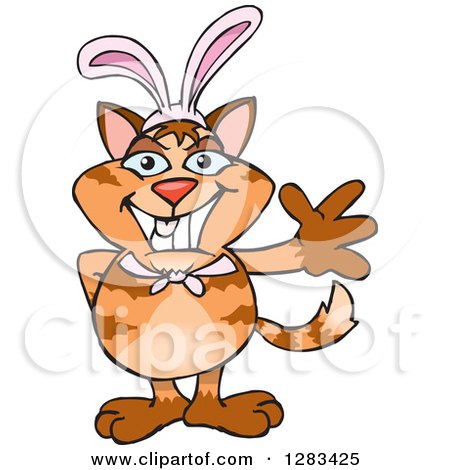 Clipart of a Friendly Waving Ginger Cat Wearing Easter Bunny Ears - Royalty Free Vector Illustration by Dennis Holmes Designs