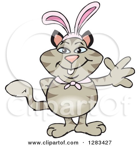 Clipart of a Friendly Waving Tabby Cat Wearing Easter Bunny Ears - Royalty Free Vector Illustration by Dennis Holmes Designs