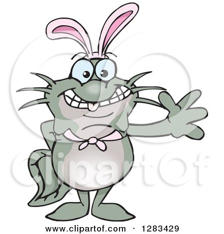 Clipart of a Friendly Waving Catfish Wearing Easter Bunny Ears - Royalty Free Vector Illustration by Dennis Holmes Designs
