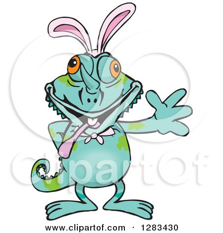 Clipart of a Friendly Waving Chameleon Lizard Wearing Easter Bunny Ears - Royalty Free Vector Illustration by Dennis Holmes Designs