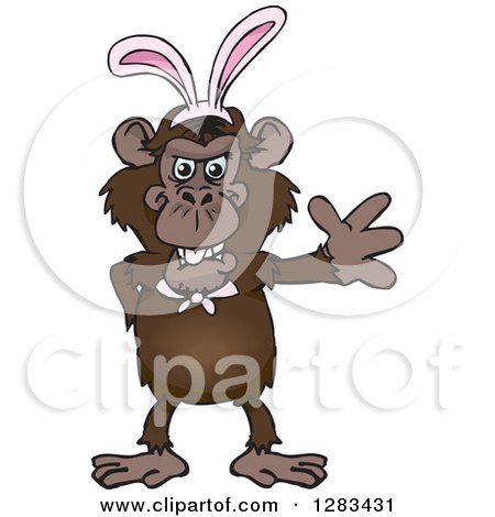 Clipart of a Friendly Waving Chimpanzee Monkey Wearing Easter Bunny Ears - Royalty Free Vector Illustration by Dennis Holmes Designs