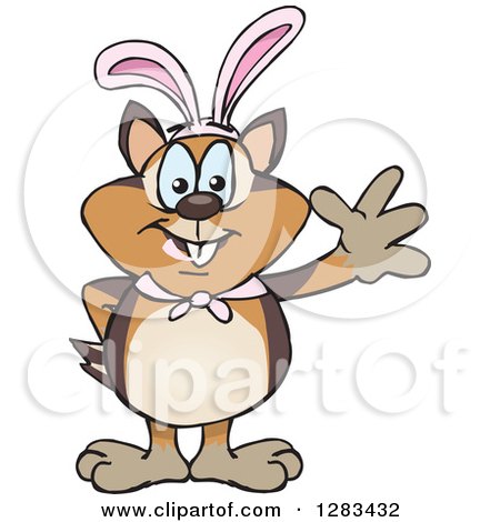 Clipart of a Friendly Waving Chipmunk Wearing Easter Bunny Ears - Royalty Free Vector Illustration by Dennis Holmes Designs