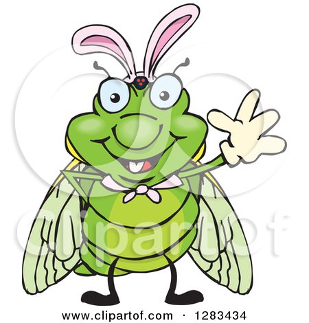 Clipart of a Friendly Waving Cicada Wearing Easter Bunny Ears - Royalty Free Vector Illustration by Dennis Holmes Designs