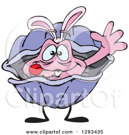 Clipart of a Friendly Waving Clam Wearing Easter Bunny Ears - Royalty Free Vector Illustration by Dennis Holmes Designs