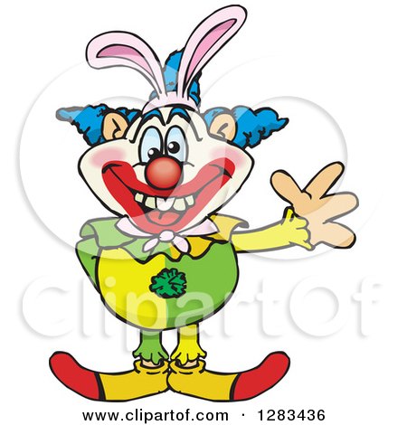 Clipart of a Friendly Waving Clown Wearing Easter Bunny Ears - Royalty Free Vector Illustration by Dennis Holmes Designs