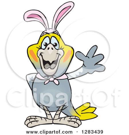 Clipart of a Friendly Waving Cockatiel Bird Wearing Easter Bunny Ears - Royalty Free Vector Illustration by Dennis Holmes Designs