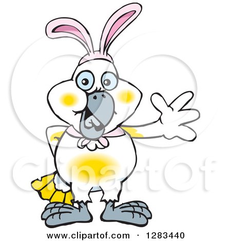 Clipart of a Friendly Waving Cockatoo Wearing Easter Bunny Ears - Royalty Free Vector Illustration by Dennis Holmes Designs