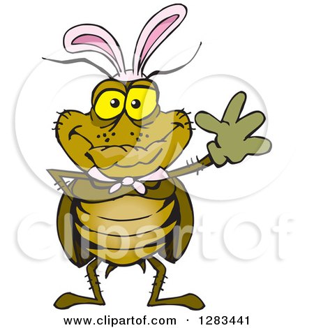 Clipart of a Friendly Waving Cockroach Wearing Easter Bunny Ears - Royalty Free Vector Illustration by Dennis Holmes Designs