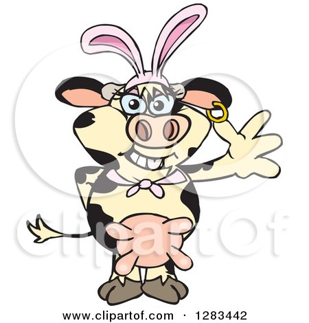 Clipart of a Friendly Waving Holstein Dairy Cow Wearing Easter Bunny Ears - Royalty Free Vector Illustration by Dennis Holmes Designs