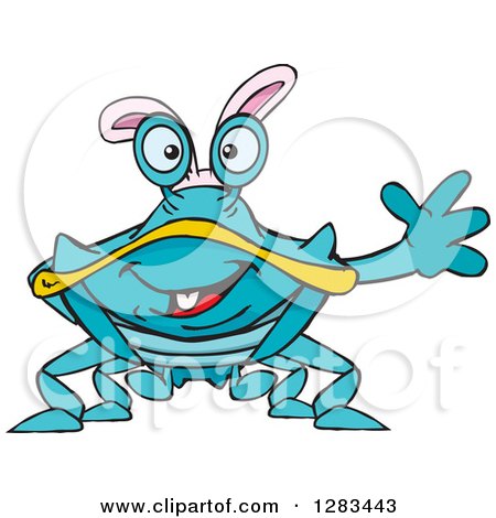 Clipart of a Friendly Waving Blue Crab Wearing Easter Bunny Ears - Royalty Free Vector Illustration by Dennis Holmes Designs