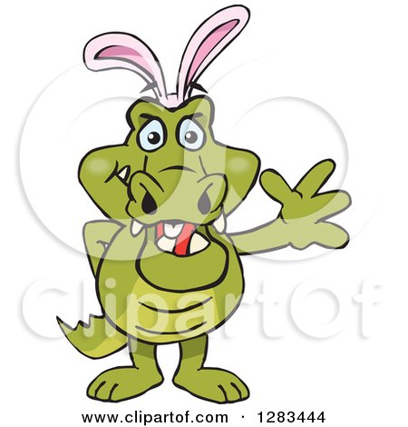 Clipart of a Friendly Waving Crocodile Wearing Easter Bunny Ears - Royalty Free Vector Illustration by Dennis Holmes Designs