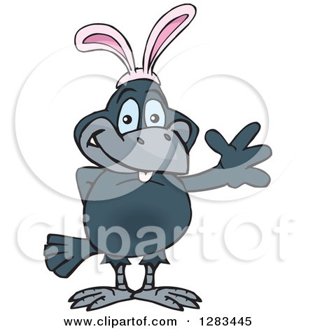 Clipart of a Friendly Waving Raven Crow Bird Wearing Easter Bunny Ears - Royalty Free Vector Illustration by Dennis Holmes Designs
