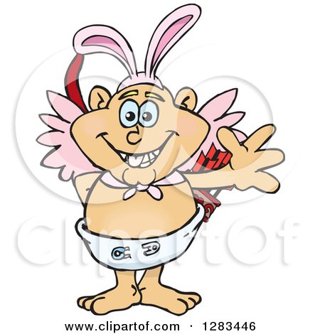 Clipart of a Friendly Waving Cupid Wearing Easter Bunny Ears - Royalty Free Vector Illustration by Dennis Holmes Designs