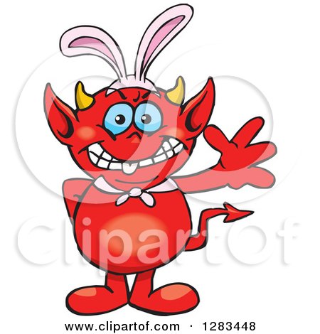 Clipart of a Friendly Waving Devil Wearing Easter Bunny Ears - Royalty Free Vector Illustration by Dennis Holmes Designs
