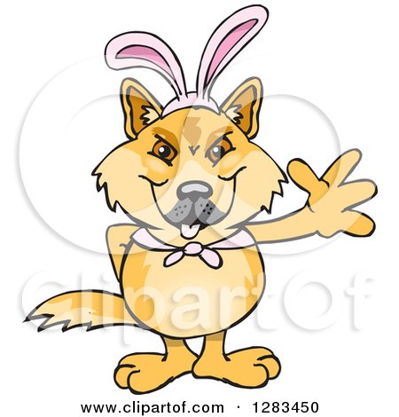 Clipart of a Friendly Waving Dingo Wearing Easter Bunny Ears - Royalty Free Vector Illustration by Dennis Holmes Designs