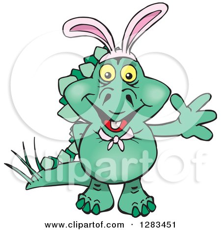 Clipart of a Friendly Waving Green Stegosaur Dinosaur Wearing Easter Bunny Ears - Royalty Free Vector Illustration by Dennis Holmes Designs