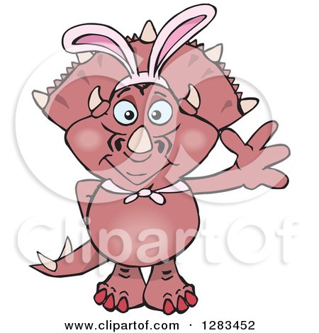 Clipart of a Friendly Waving Pink Triceratops Dinosaur Wearing Easter Bunny Ears - Royalty Free Vector Illustration by Dennis Holmes Designs