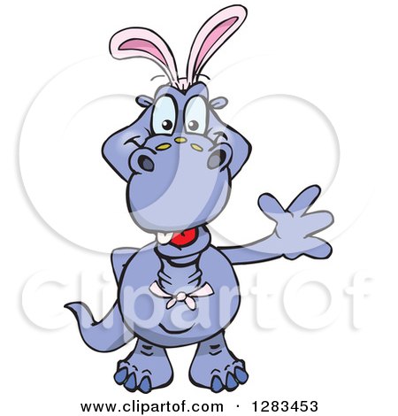 Clipart of a Friendly Waving Purple Apatosaurus Dinosaur Wearing Easter Bunny Ears - Royalty Free Vector Illustration by Dennis Holmes Designs