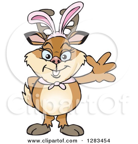 Clipart of a Friendly Waving Doe Deer Wearing Easter Bunny Ears - Royalty Free Vector Illustration by Dennis Holmes Designs