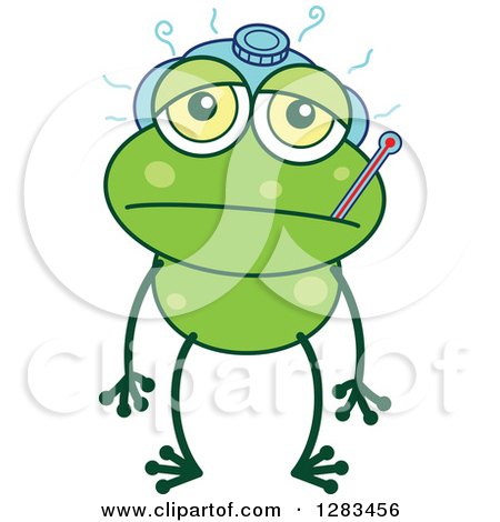 Clipart of a Sick Green Frog with an Ice Pack and Thermometer - Royalty Free Vector Illustration by Zooco