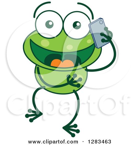 Clipart of a Happy Green Frog Talking on a Cell Phone - Royalty Free Vector Illustration by Zooco