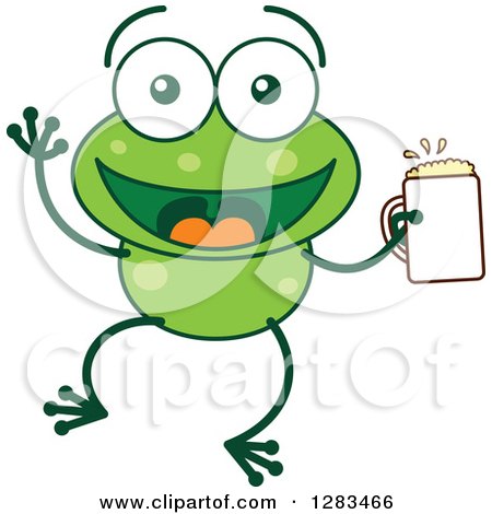 Clipart of a Happy Green Frog Holding a Beer - Royalty Free Vector Illustration by Zooco