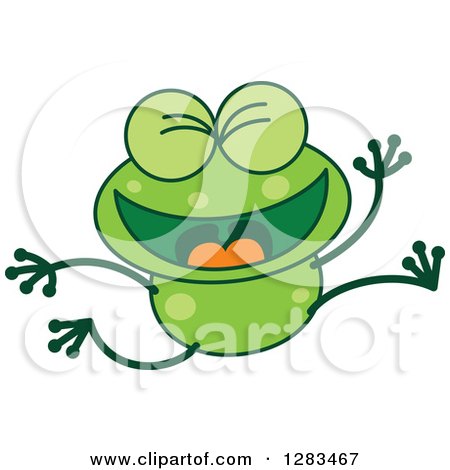 Clipart of a Happy Celebrating Jumping Green Frog - Royalty Free Vector Illustration by Zooco
