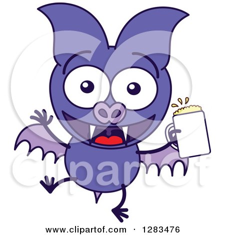 Clipart of a Happy Purple Vampire Bat with a Beer - Royalty Free Vector Illustration by Zooco