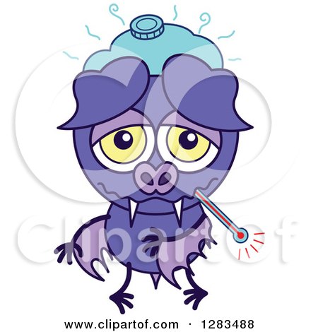 Clipart of a Sick Purple Vampire Bat with an Ice Pack and Thermometer - Royalty Free Vector Illustration by Zooco