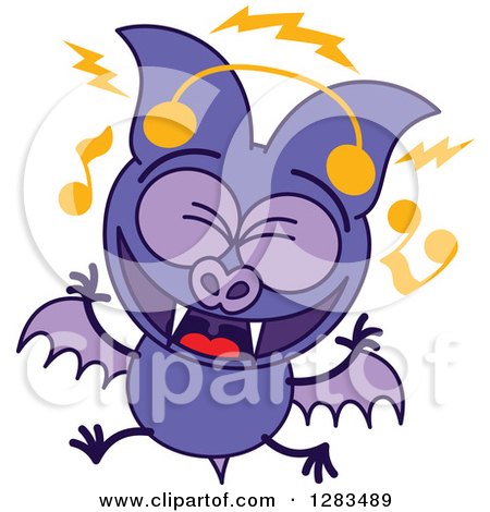 Clipart of a Singing Purple Vampire Bat Wearing Music Headphones - Royalty Free Vector Illustration by Zooco
