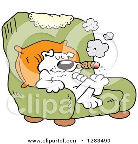 Clipart of a Happy White Boss Dog Smoking a Cigar in a Green Arm Chair - Royalty Free Vector Illustration by Johnny Sajem