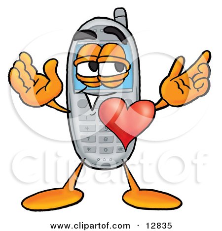 Clipart Picture of a Wireless Cellular Telephone Mascot Cartoon Character With His Heart Beating Out of His Chest by Mascot Junction
