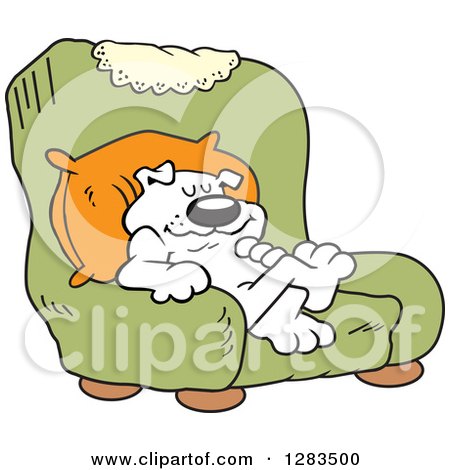 Clipart of a Happy White Dog Relaxing in a Green Arm Chair, Dogs Rule - Royalty Free Vector Illustration by Johnny Sajem