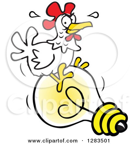 Clipart of a White Hen Chicken Hatcing a Light Bulb Idea - Royalty Free Vector Illustration by Johnny Sajem