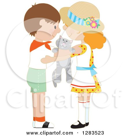 Clipart of a Brunette Caucasian Boy and Red Haired Girl Hugging Around a Tabby Kitten - Royalty Free Vector Illustration by Maria Bell
