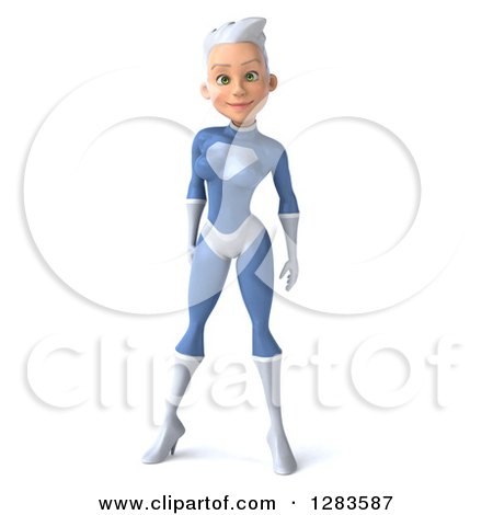 Clipart of a 3d White Haired Caucasian Female Super Hero in a Blue Suit - Royalty Free Vector Illustration by Julos