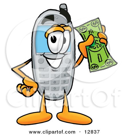 Clipart Picture of a Wireless Cellular Telephone Mascot Cartoon Character Holding a Dollar Bill by Mascot Junction