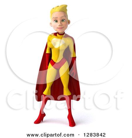Clipart of a 3d Blond White Female Super Hero in a Yellow and Red Suit - Royalty Free Vector Illustration by Julos