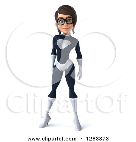 Clipart of a 3d Bespectacled Brunette White Female Super Hero in a Black and White Suit - Royalty Free Vector Illustration by Julos