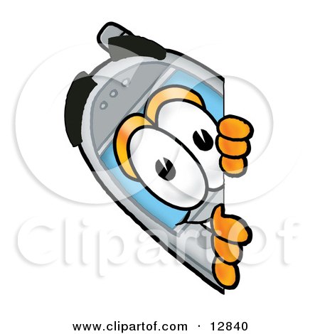 Clipart Picture of a Wireless Cellular Telephone Mascot Cartoon Character Peeking Around a Corner by Mascot Junction