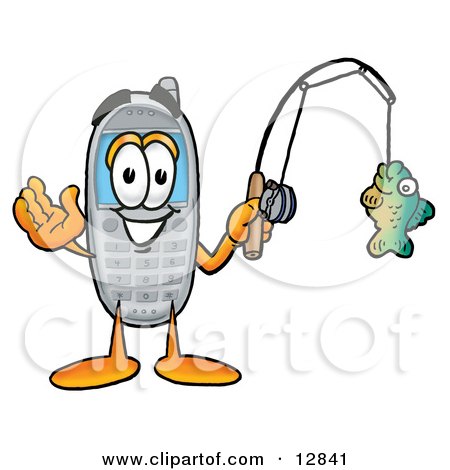 Clipart Picture of a Wireless Cellular Telephone Mascot Cartoon Character Holding a Fish on a Fishing Pole by Mascot Junction