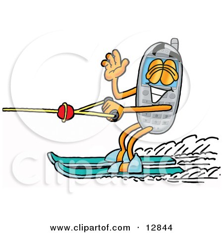 Clipart Picture of a Wireless Cellular Telephone Mascot Cartoon Character Waving While Water Skiing by Mascot Junction