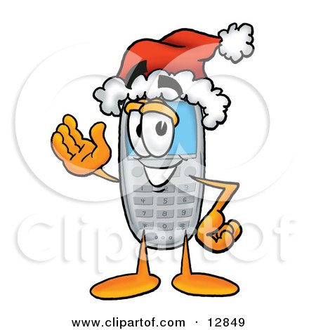 Clipart Picture of a Wireless Cellular Telephone Mascot Cartoon Character Wearing a Santa Hat and Waving by Mascot Junction