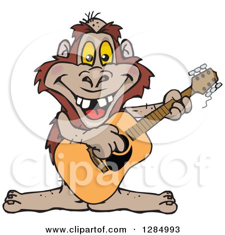 Clipart of a Cartoon Happy Bigfoot Playing an Acoustic Guitar - Royalty Free Vector Illustration by Dennis Holmes Designs