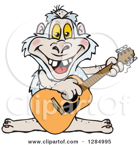 Clipart of a Cartoon Happy Yeti Playing an Acoustic Guitar - Royalty Free Vector Illustration by Dennis Holmes Designs