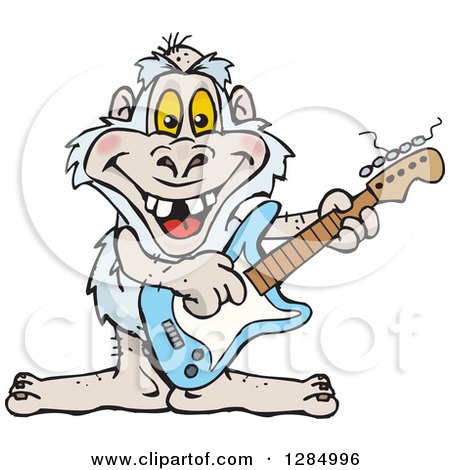 Clipart of a Cartoon Happy Yeti Playing an Electric Guitar - Royalty Free Vector Illustration by Dennis Holmes Designs